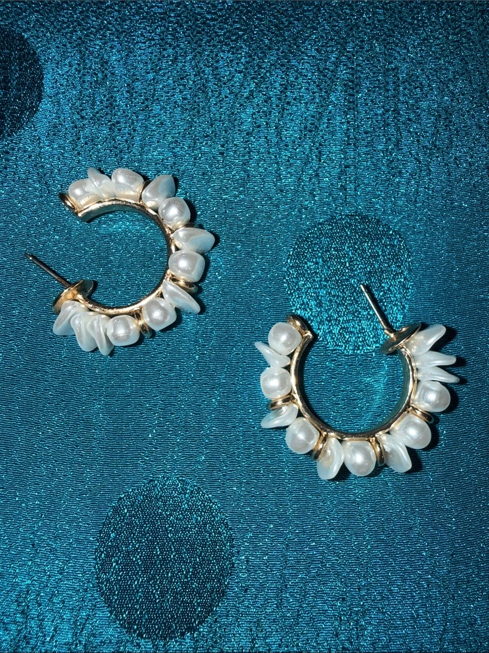 Gold Hoop Earrings with FAUX White Pearl Petal Accents